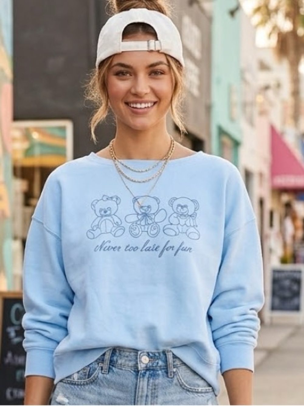 Zoe + Liv Light Blue Crewneck Sweatshirt with Teddy Trio Graphic
